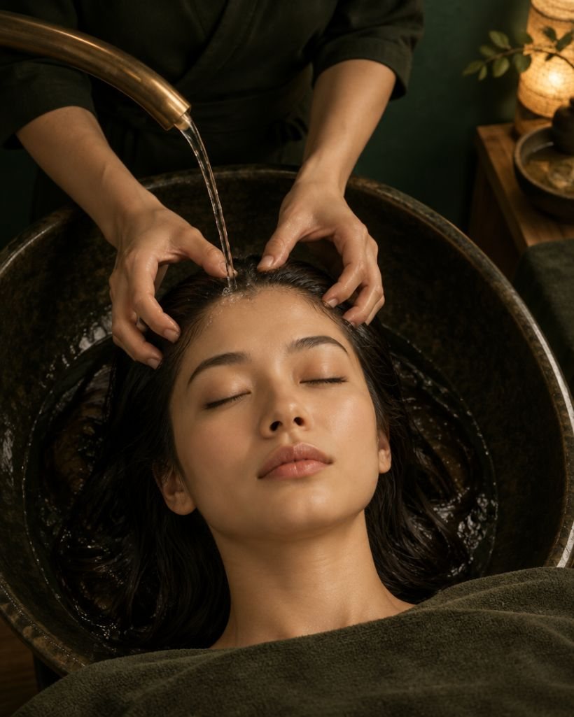 Kopfhaut-Massage mit warmem Wasserstrahl